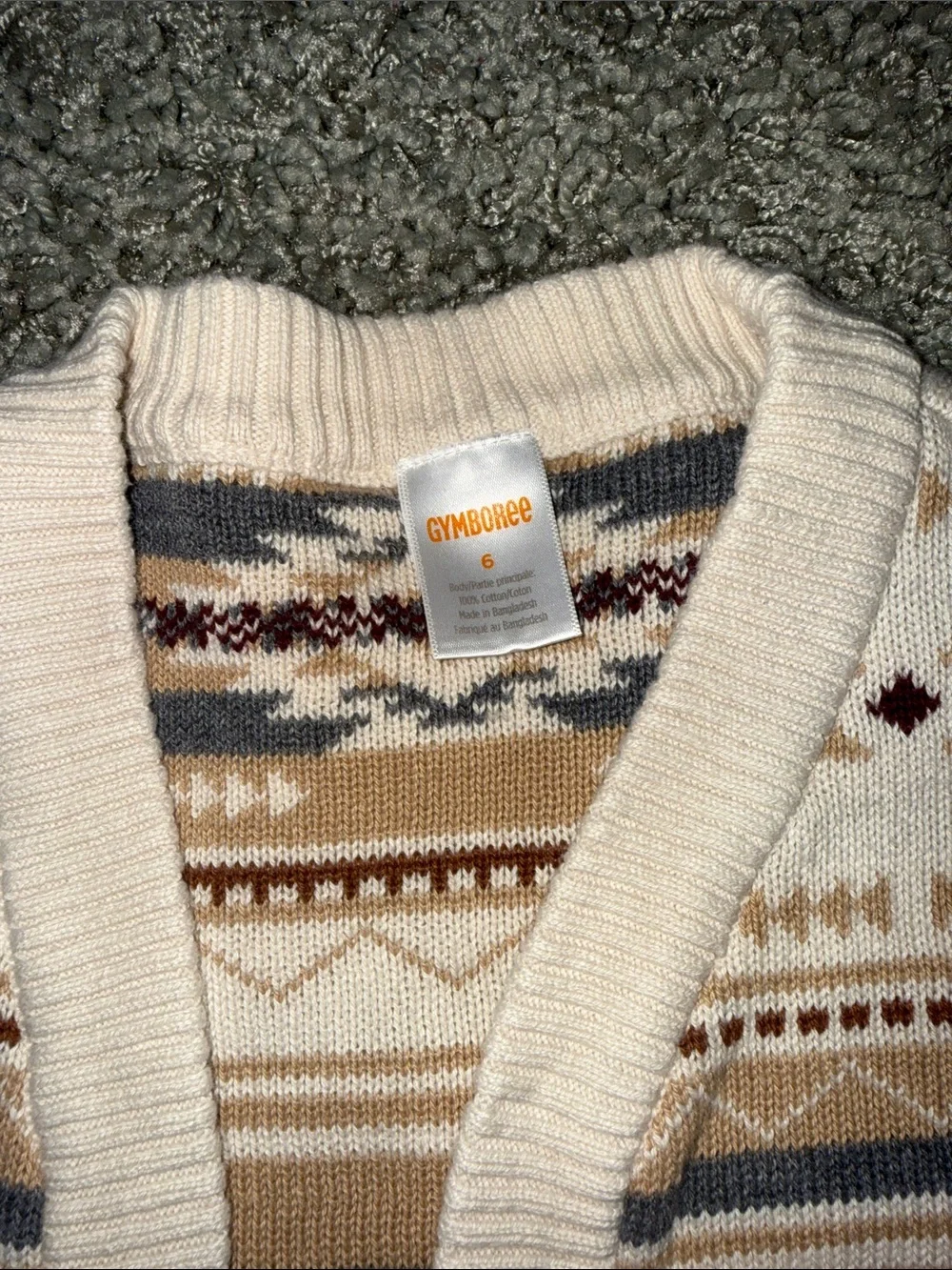 Gymboree Cream Aztec-Pattern Open Cardigan with Tan and Gray Accents (6)